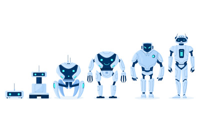 Cartoon robot evolution, digital bot characters development. Robots en