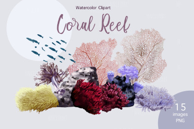 Watercolor Coral Reef Clipart, Underwater Download