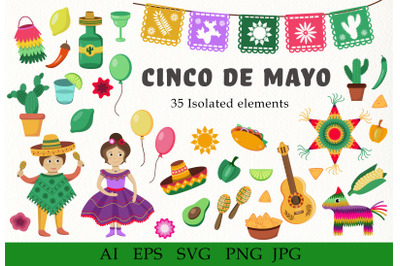 Cinco De Mayo clipart set. Mexican fiesta separated elements.