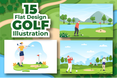 15 Playing Golf Sport Flat Illustration