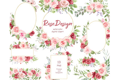 Watercolor Blush Rose clipart, Pink roses floral frame clipart. Border