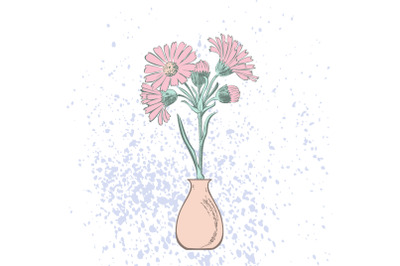 Attractively arranged bunch of flowers in vase. Drawn Chrysanthemum fl