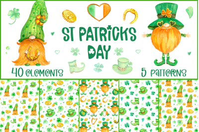 St Patrick&#039;s Day watercolor clip arts gnomes - 300 dpi PNG