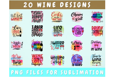 Wine Sublimation Designs Bundle, 20 Designs, Wine PNG Files