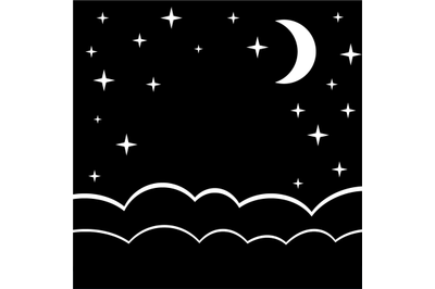 Night sky with stars and moon, monochrome black white style, paper lay