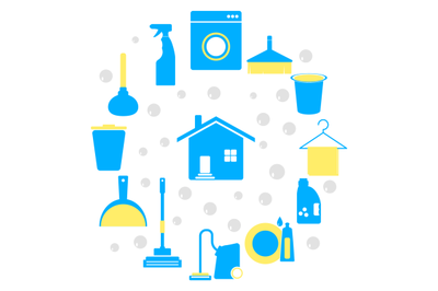 Household icons cleaning and washing house, wipe dust and vacuum floor