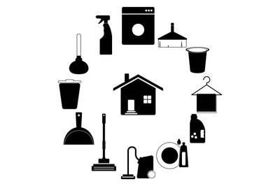 Black white cleaning service icons, wash clean and tidy