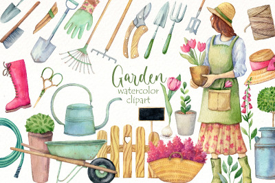 Spring Gardening watercolor clipart Bundle | garden tool png