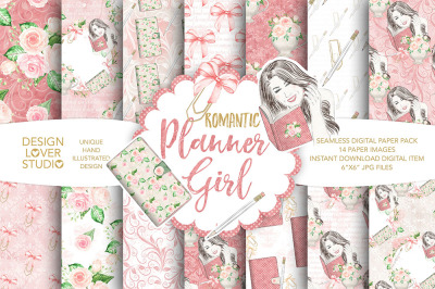 Watercolor Romantic Planner Girl digital paper pack