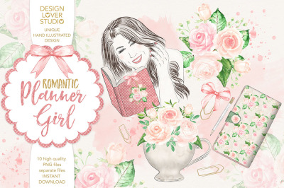 Watercolor Romantic Planner Girl design