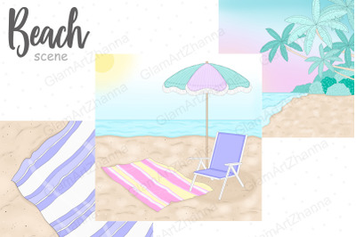 Beach Landscape Clipart | Pastel Summer Illustration