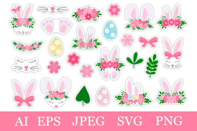 Easter Bunny ears stickers. Bunny Face stickers. Easter eggs