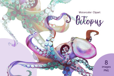 Watercolor Octopus Clipart, Nautical digital paper