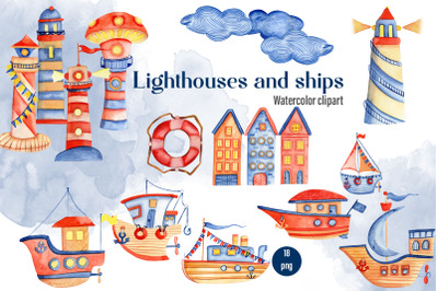 Watercolor Nautical Clipart, boats, Lighthouse