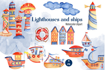 Watercolor Nautical Clipart&2C; boats&2C; Lighthouse