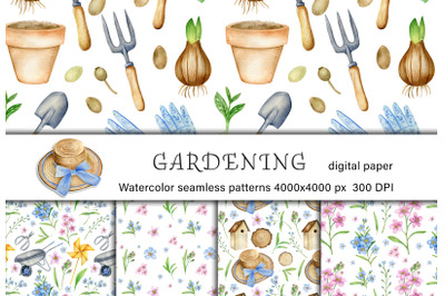 Watercolor Spring Gardening digital paper pack. Easter, garden pattern