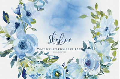 Watercolor Blue Flowers Clipart Set