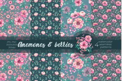 Anemones &amp; berries/ Watercolor Patterns PNG, JPG