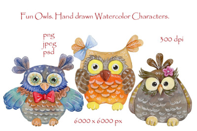 Three fun Owls. Hand drawn watercolor Characters.