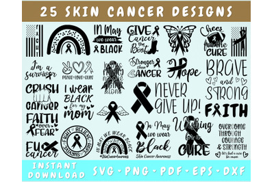 Skin Cancer Awareness SVG Bundle, 25 Designs, Black Cancer Ribbon SVG