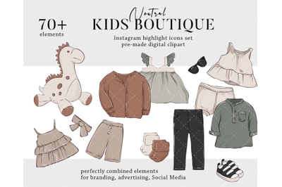 Kids boutique clipart neutral baby clothes store, earthy newborn essen