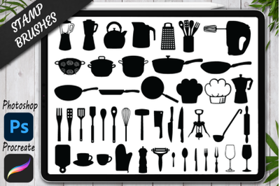 Kitchen Stamps Brushes for Procreate and Photoshop. Kitchen Tools.