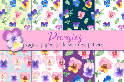 Pansies digital paper pack bundle | Watercolor wildflowers pattern.