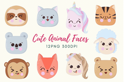 Cute kawaii animal faces clipart illustration