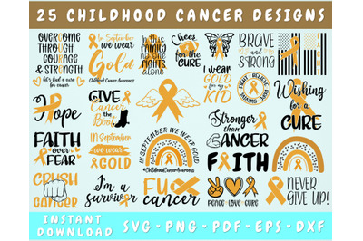 Childhood Cancer Awareness SVG Bundle, 25 Designs, Gold Cancer Ribbon