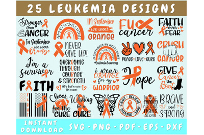 Leukemia Awareness SVG Bundle&2C; 25 Designs&2C; Orange Cancer Ribbon SVG