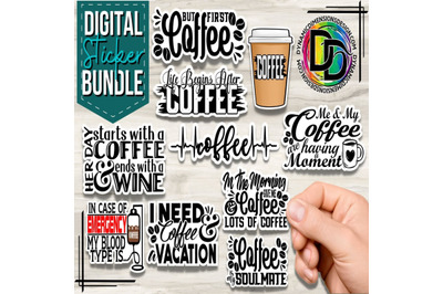 Coffee Printable Stickers Bundle&2C; Coffee Addict Vinyl Sticker&2C; Laptop