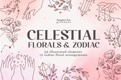Celestial Florals and Zodiac Clipart | Mystic constellation lineart