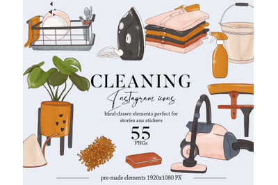 Cleaning service icon set, maid home office cleaning supplies, profess