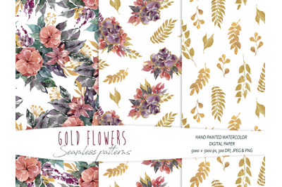 Watercolor and gold floral seamless patterns