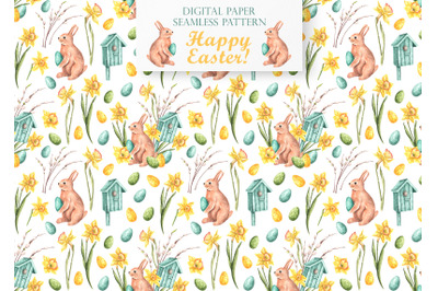 Easter Bunny digital paper, seamless pattern. Happy Easter pattern.