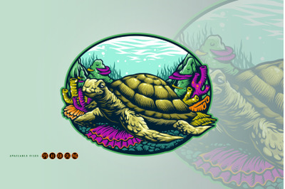 Turtle Under Water Logo Mascot illustrations