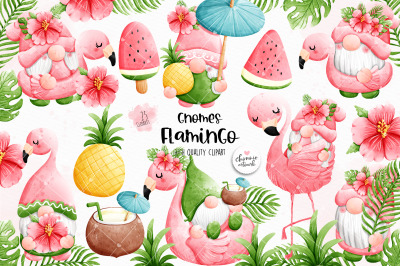 Gnome flamingo clipart, summer gnome clipart, tropical gnomes clipart