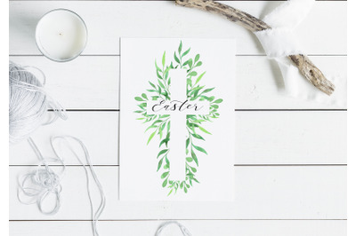 Watercolor hand painted floral religious easter cross clipart.