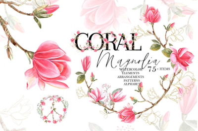 Coral Magnolia clipart set