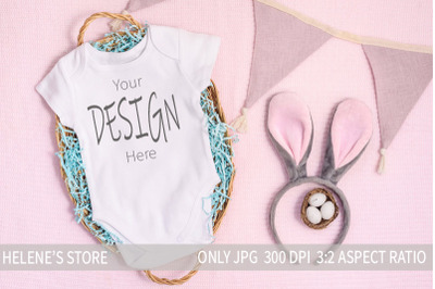 White baby bodysuit and bunny ears Easter mockup.