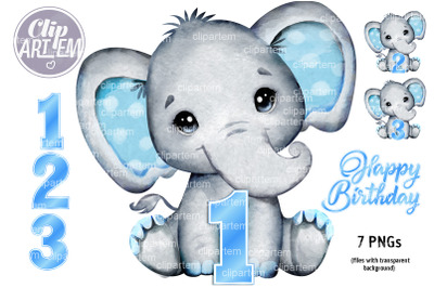 Boy Elephant Birthday 1, 2, 3rd Blue Watercolor PNG, birthday decor