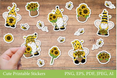 Gnomes and sunflowers, bees / Stickers for printing Cricut