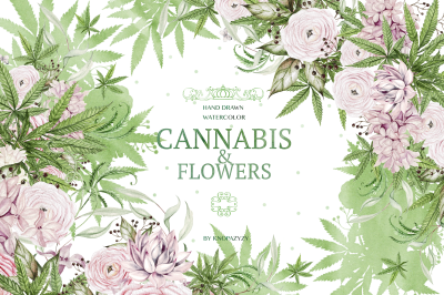 Watercolor Cannabis &amp; Flowers