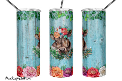Cow Tumbler Design PNG | Farm Wooden Floral Sublimation Wrap