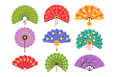Asian hand fans. Decorative female oriental accessory, vintage geisha