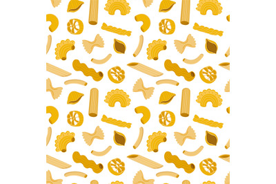 Seamless italian pasta pattern. Different types dried noodles, traditi