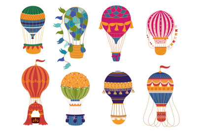 Hot air balloon. Retro flying transport, decorative patterned vintage