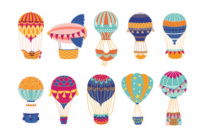 Patterned hot air balloons. Vintage flying transport, decorative brigh