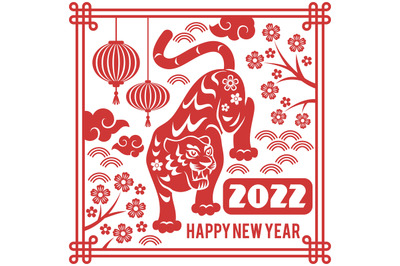 New year tiger poster. Holiday traditional banner with red chinese ani