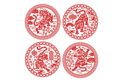 Round chinese zodiac tigers. Astrological holiday signs, decorative si